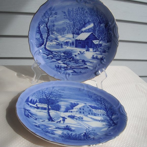 Vintage 2 Plates Currier & Ives Winter Scenes Blue-White Home Wall Decor Japan - Picture 9 of 11